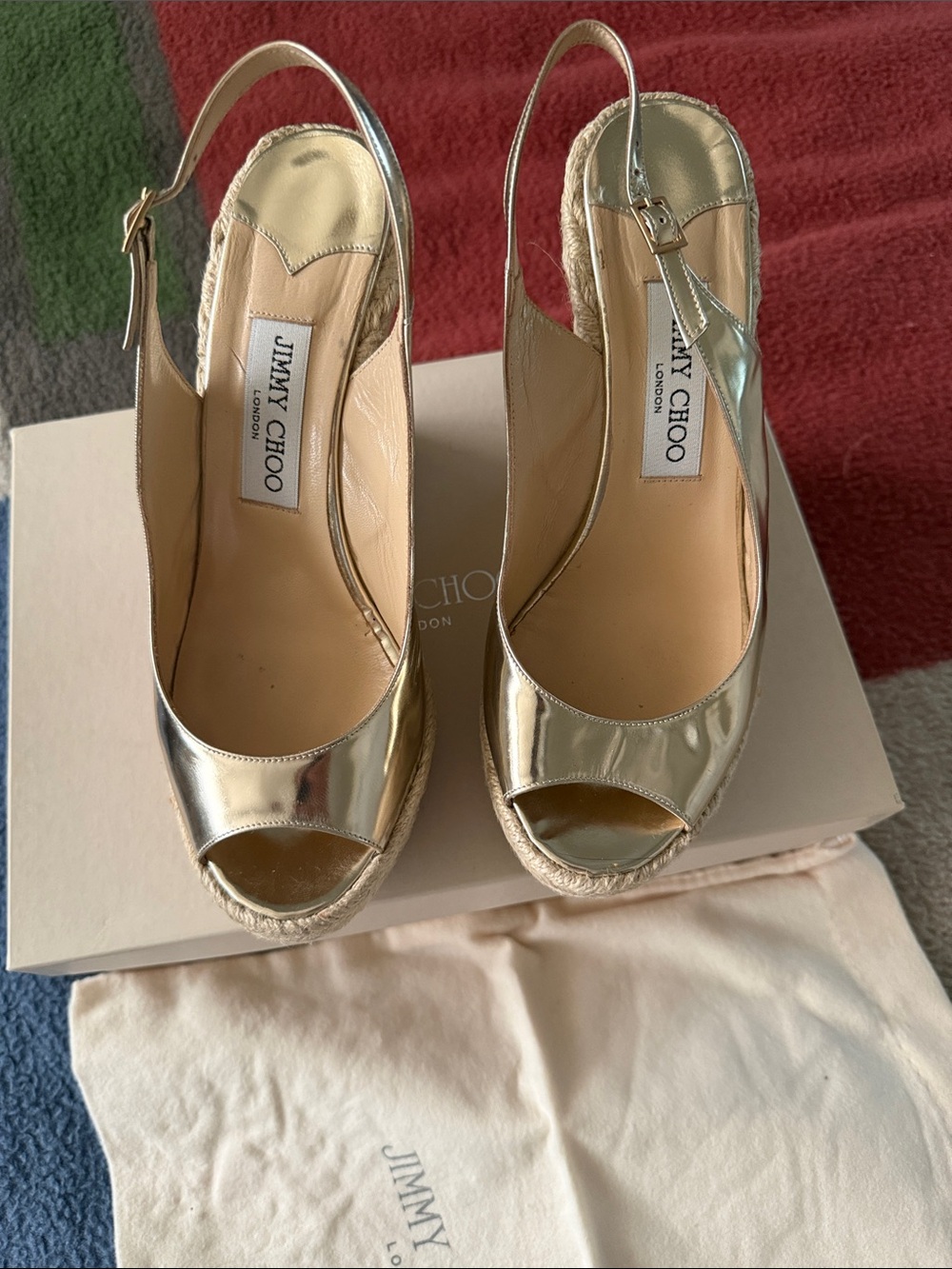 Jimmy Choo Metallic Gold Peep-Toe Wedge  , very good condition. 5 inch heel.